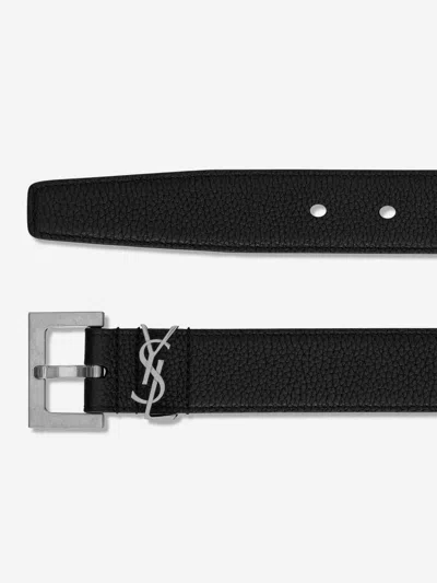 Saint Laurent Cassandre Buckle Grained Leather Belt In Black