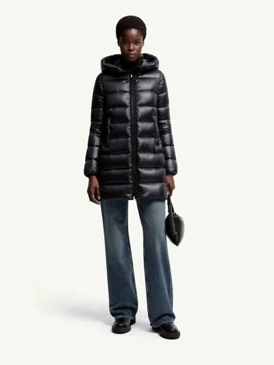 Moncler Suyenne Hooded Mid-length Down Jacket In Black