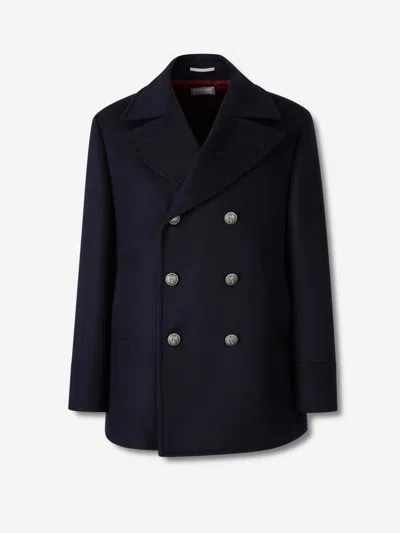 Brunello Cucinelli Navy Blue Double Flannel Caban Blazer In Black