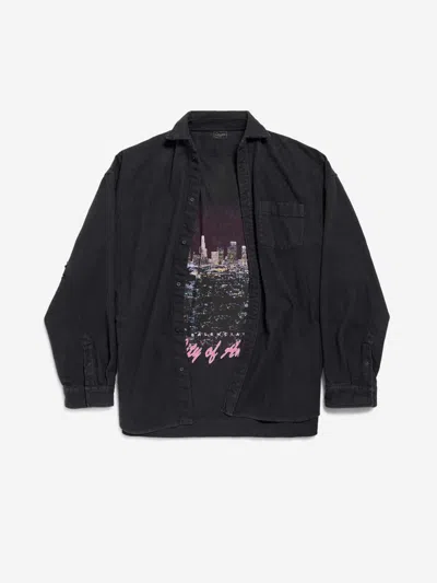 Balenciaga Layered Distressed Long Sleeve Graphic Shirt In Black