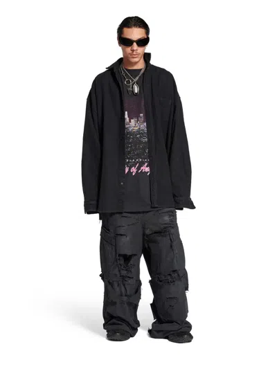 Balenciaga Layered Distressed Long Sleeve Graphic Shirt In Black