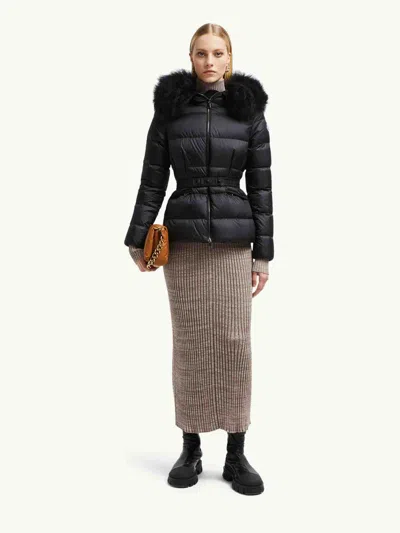 Moncler Boed Hooded Shearling-trimmed Short Down Jacket In Blue