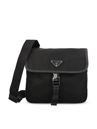 Prada Fabric Leather Shoulder Bag Adjustable Strap Front Flap In Black