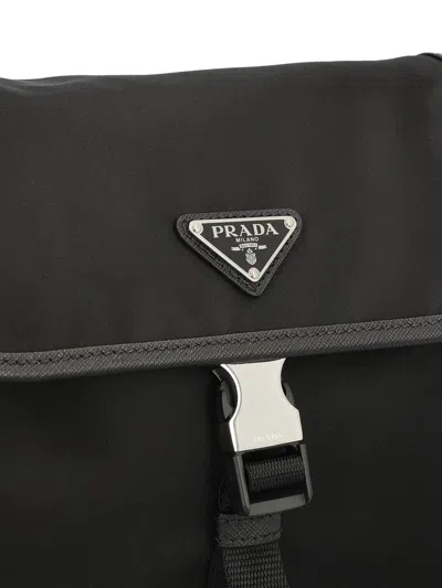 Prada Fabric Leather Shoulder Bag Adjustable Strap Front Flap In Black