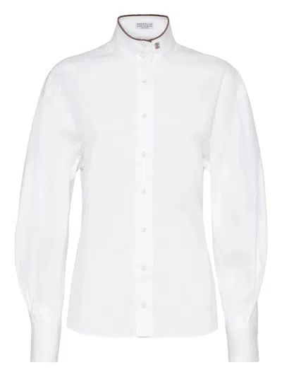Brunello Cucinelli Stretch Cotton Poplin Shirt With Shiny Collar Detail Clothing In White