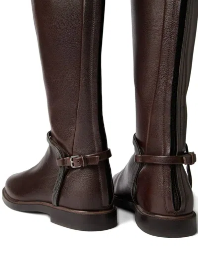 Brunello Cucinelli Classic Leather Boot With Precious Spurs In Brown