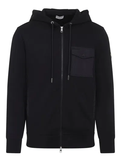 Moncler Hooded Drawstring Cardigan Chest Pocket In Black