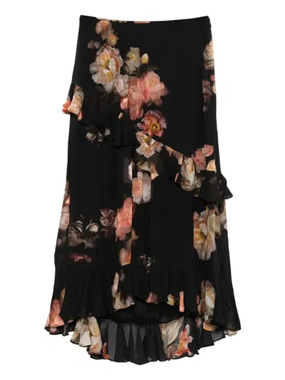 Zimmermann Black Floral Viscose Hypnotic Asymmetric Skirt In Black