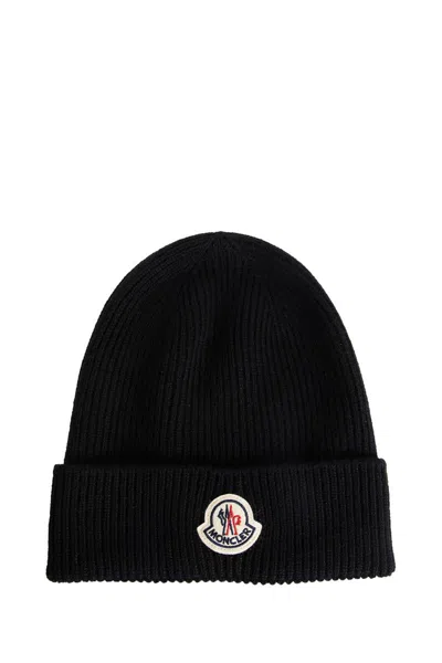 Moncler Midnight Blue Wool Beanie Hat In Black