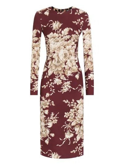 Dolce & Gabbana Floral-print Long-sleeve Midi Dress In Brown
