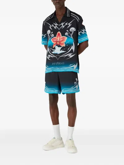 Casablanca Floral Graphic Short Sleeve Satin Top In Black