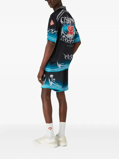 Casablanca Floral Graphic Short Sleeve Satin Top In Black