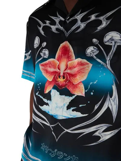Casablanca Floral Graphic Short Sleeve Satin Top In Black