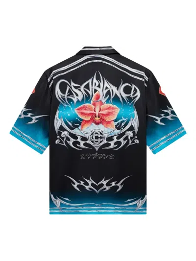 Casablanca Floral Graphic Short Sleeve Satin Top In Black