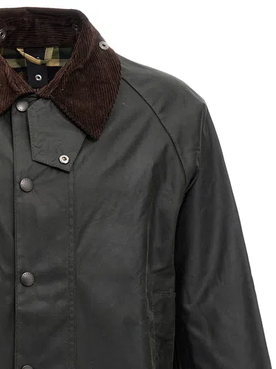Barbour Beaufort Waxed Cotton Jacket With Corduroy Collar And Multiple Pockets In Green