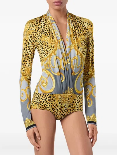 Versace Draped Printed Satin-jersey Bodysuit In Yellow