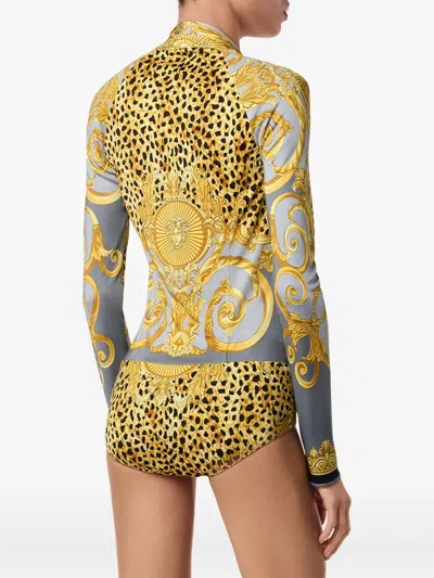 Versace Draped Printed Satin-jersey Bodysuit In Yellow