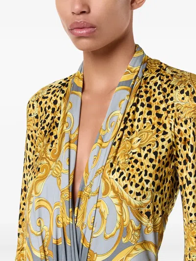 Versace Draped Printed Satin-jersey Bodysuit In Yellow
