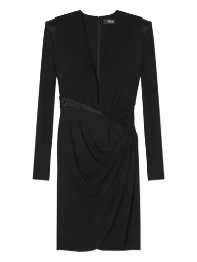 Versace Draped Long Sleeve Dress With Shoulder Pads In Black