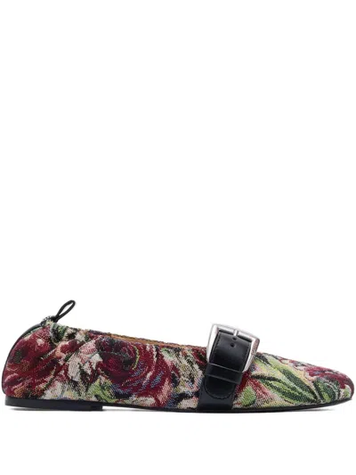 Ganni Leather-trimmed Canvas-jacquard Ballet Flats In Multi