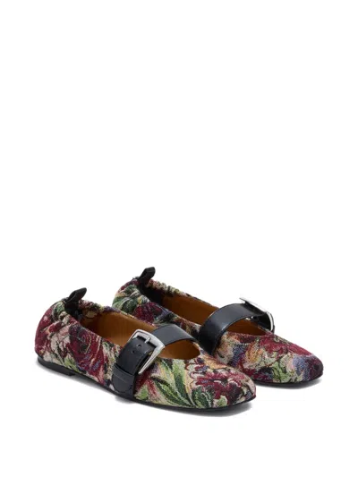 Ganni Leather-trimmed Canvas-jacquard Ballet Flats In Multi
