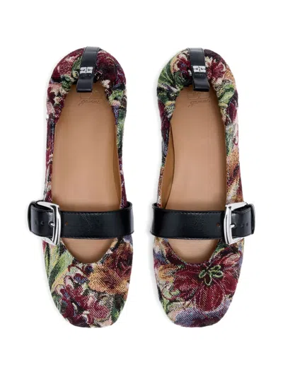 Ganni Leather-trimmed Canvas-jacquard Ballet Flats In Multi