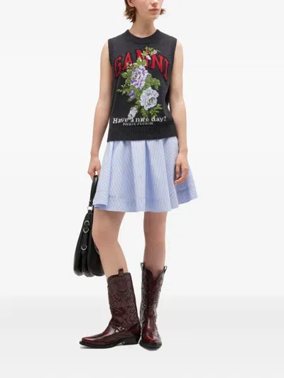 Ganni Flowers Grey Vest In Black