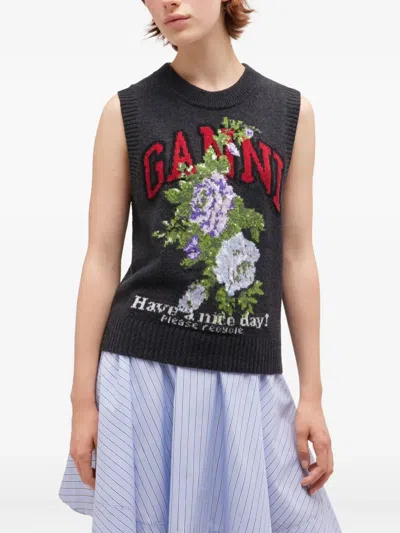Ganni Flowers Grey Vest In Black