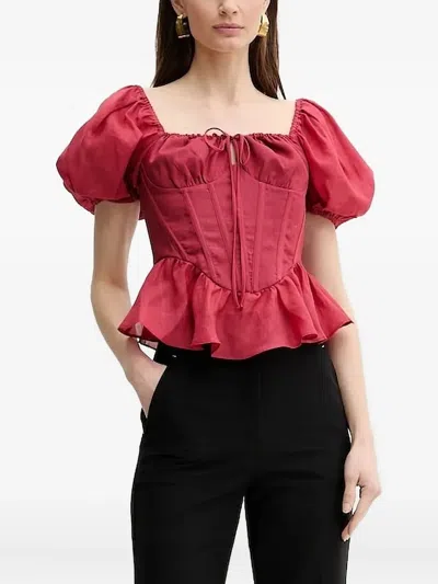 Bardot Esra Puff Sleeve Ramie Corset Top In Fire Red