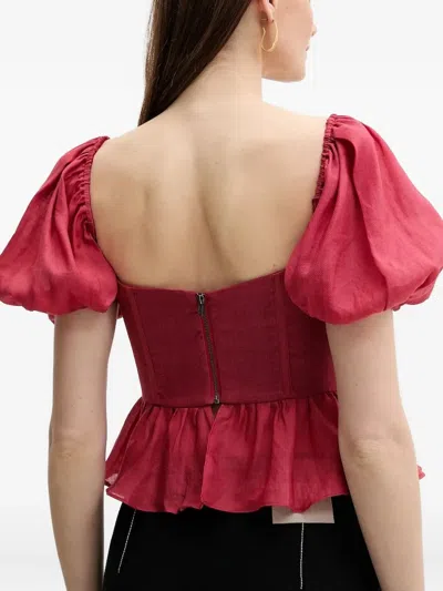 Bardot Esra Puff Sleeve Ramie Corset Top In Fire Red