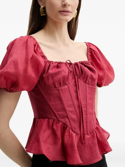 Bardot Esra Puff Sleeve Ramie Corset Top In Fire Red
