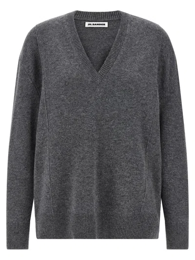 Jil Sander V-neck Long Sleeve Cashmere Knit Sweater In Gray