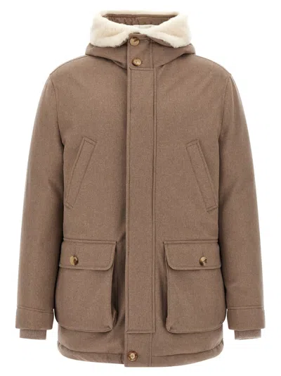 Brunello Cucinelli Flannel Down Jacket Puffer Jackets Beige In Multi