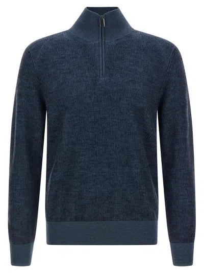 Brioni High Collar Long Sleeve Knit Pullover In Blue