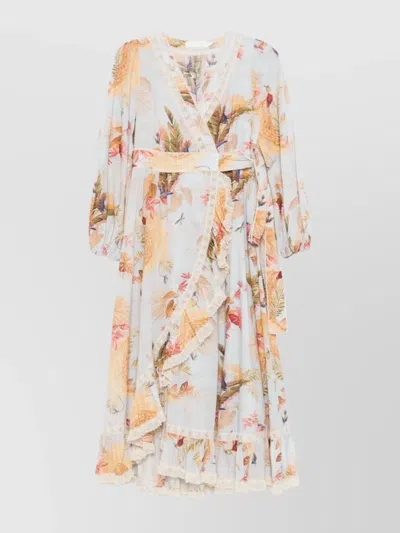 Zimmermann Floral Midi Dress Belted Waist In White