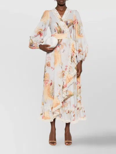 Zimmermann Floral Midi Dress Belted Waist In White
