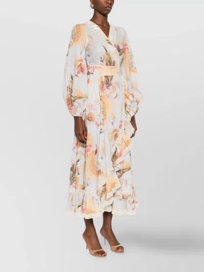 Zimmermann Floral Midi Dress Belted Waist In White