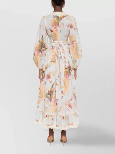 Zimmermann Floral Midi Dress Belted Waist In White