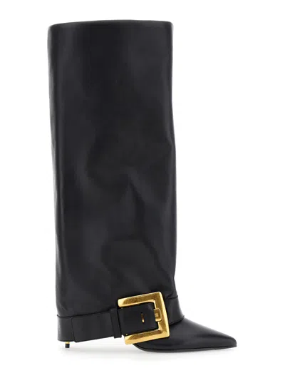 Balmain Anthem Black Slip-on Boots With Decorative Metal Buckle In Leather Woman In Black