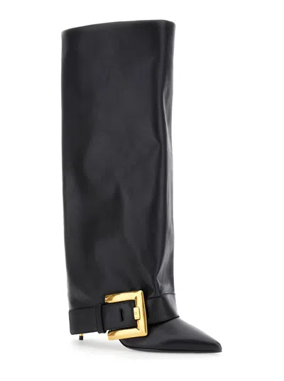 Balmain Anthem Black Slip-on Boots With Decorative Metal Buckle In Leather Woman In Black