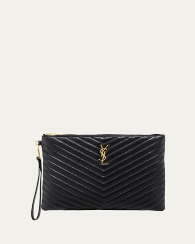 Saint Laurent Ysl Monogram Medium Pouch In Smooth Leather In Black