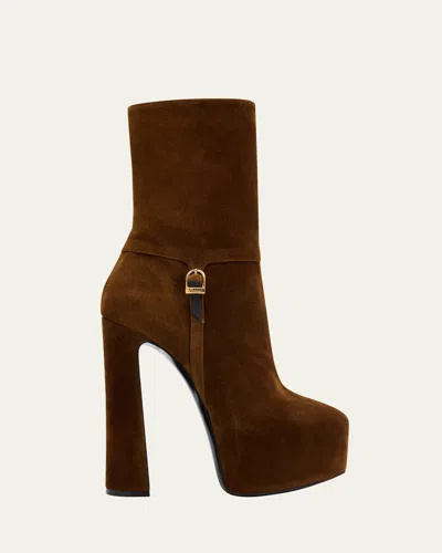 Saint Laurent Nico 155 Suede Platform Ankle Boots In Brown