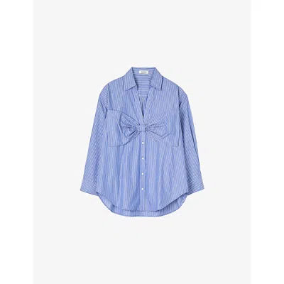 Sandro Cotton Stripe Bow Shirt In Blue