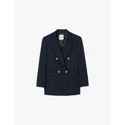 Sandro Womens Navy Blue Pinstripe Long-sleeve Wool-blend Blazer