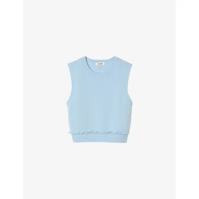Sandro Womens Sky Blue Ruffled-trim Sleeveless Wool And Cashmere-blend Jumper In Blue