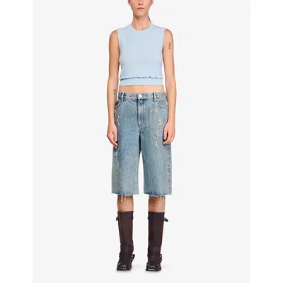 Sandro Womens Sky Blue Ruffled-trim Sleeveless Wool And Cashmere-blend Jumper In Blue