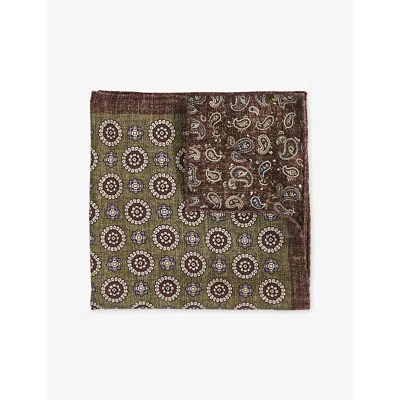 Reiss Mens Sage Geronimo Medallion And Paisley-print Silk Pocket Squar In Brown