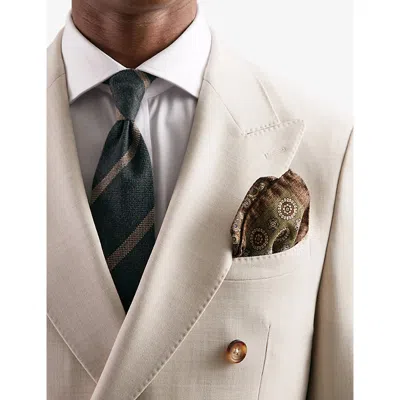 Reiss Mens Sage Geronimo Medallion And Paisley-print Silk Pocket Squar In Brown