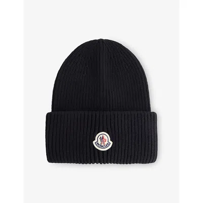 Moncler Ribbed Beanie With Folded Cuff And Embroidered Logo In Black