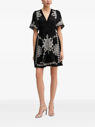 Hale Bob Floral-embroidered V-neck Mini Dress In Black